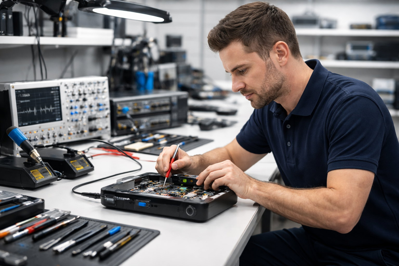 Technician testing a DStv decoder and dish connection