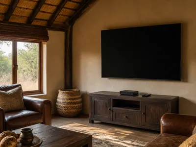 Decoder and wall-mounted TV set up in a lodge-style lounge
