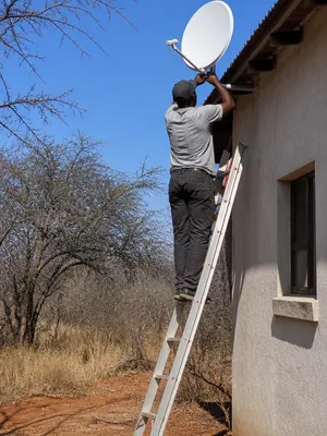 Installer on a ladder aligning a satellite dish at a bushveld home near Hoedspruit